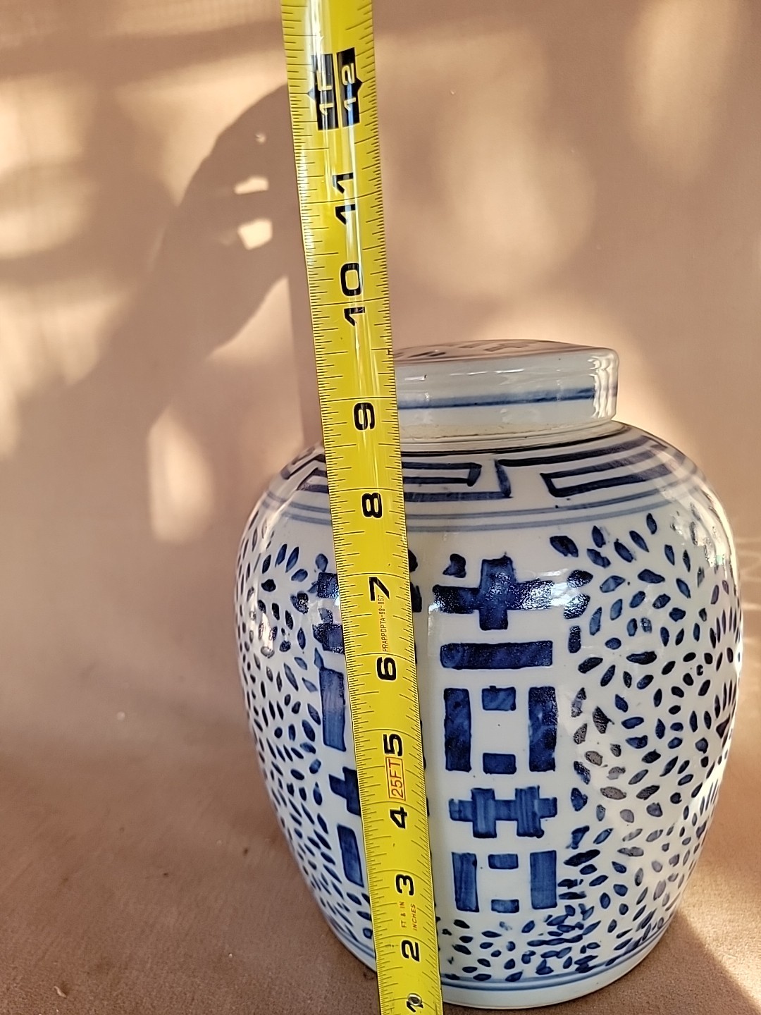 Vintage Chinese Ginger Jar & Lid Blue and White Porcelain Double Happiness 10"