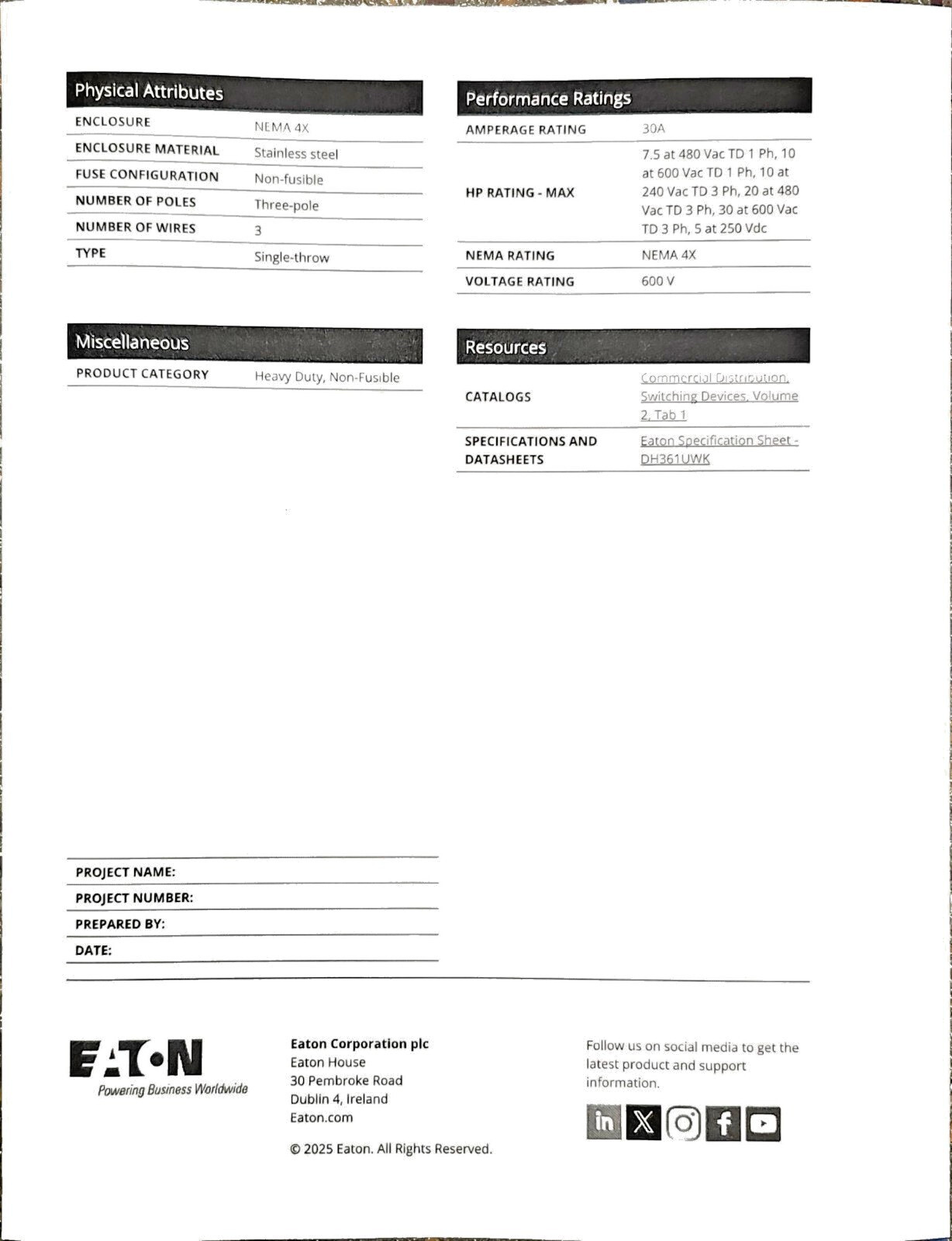 EATON DH361UWK Heavy Duty Single-Throw Non-Fused Safety Switch, 30A, NEMA 4X