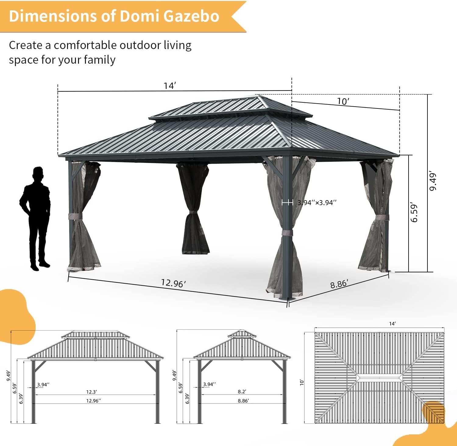 Domi 10’ x 14’ Hardtop Gazebo Outdoor Aluminum Gazebo w/Curtains and Net, Gray