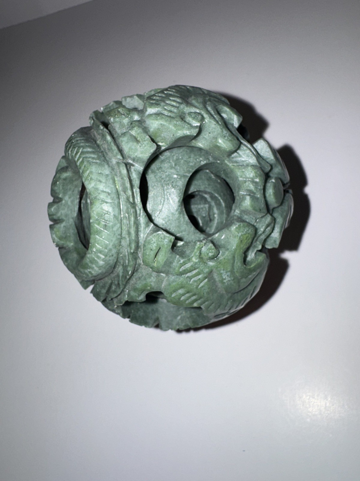 Beautiful Hand Carved Dragon 4 Layers Green Jade Puzzle Sphere Ball w/ Stand