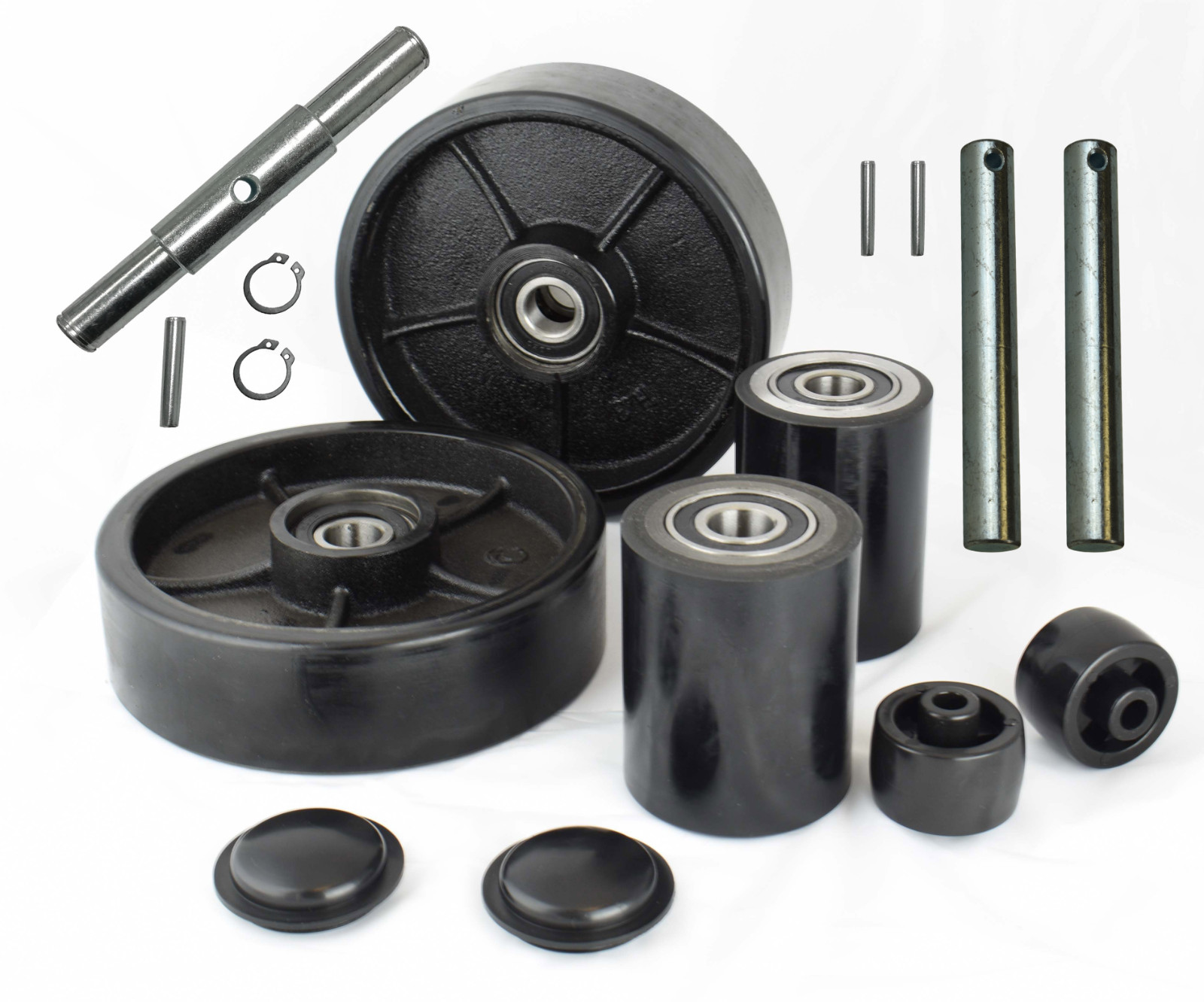 Pallet Jack/Truck Poly Wheels Full Set with Axles, Bearings, Entry Rollers, Caps