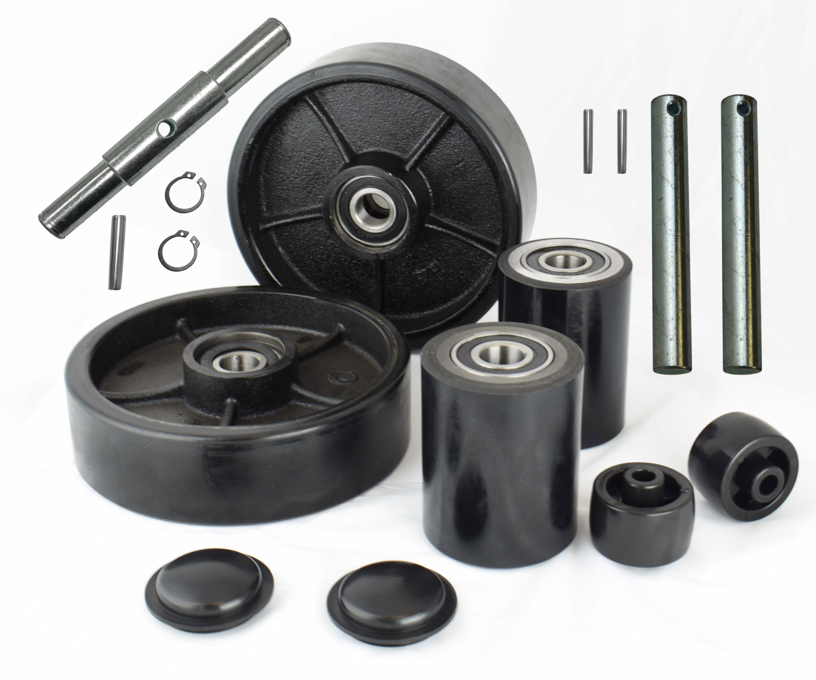 Pallet Jack/Truck Poly Wheels Full Set with Axles, Bearings, Entry Rollers, Caps