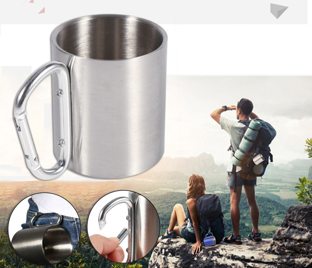 Camping Outdoor Polished Aluminum Cup Carabiner Handle Double Wall Mug 220ml, US