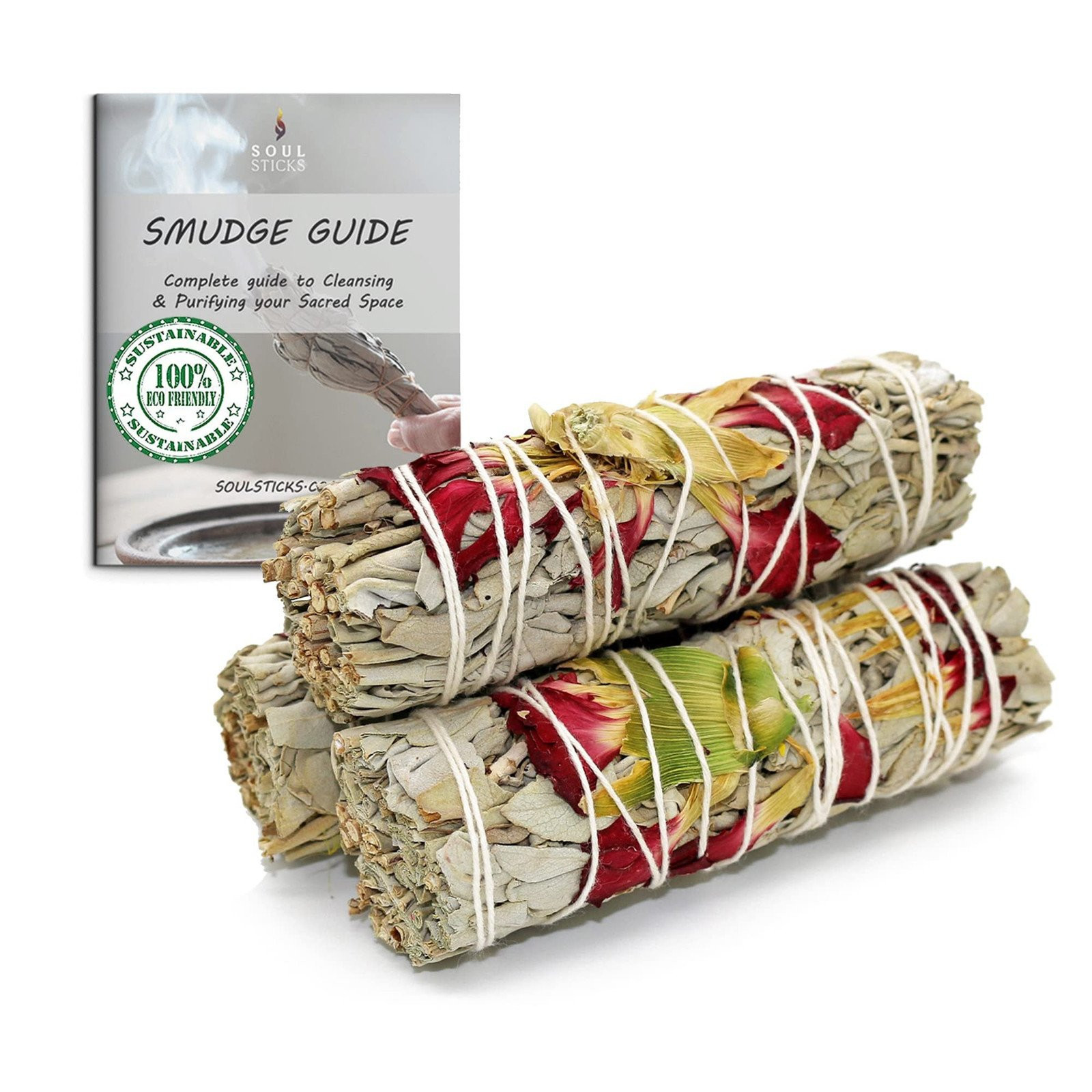 Floral White Sage Smudge Sticks with Flowers 3 Pack for Cleansing Home,...