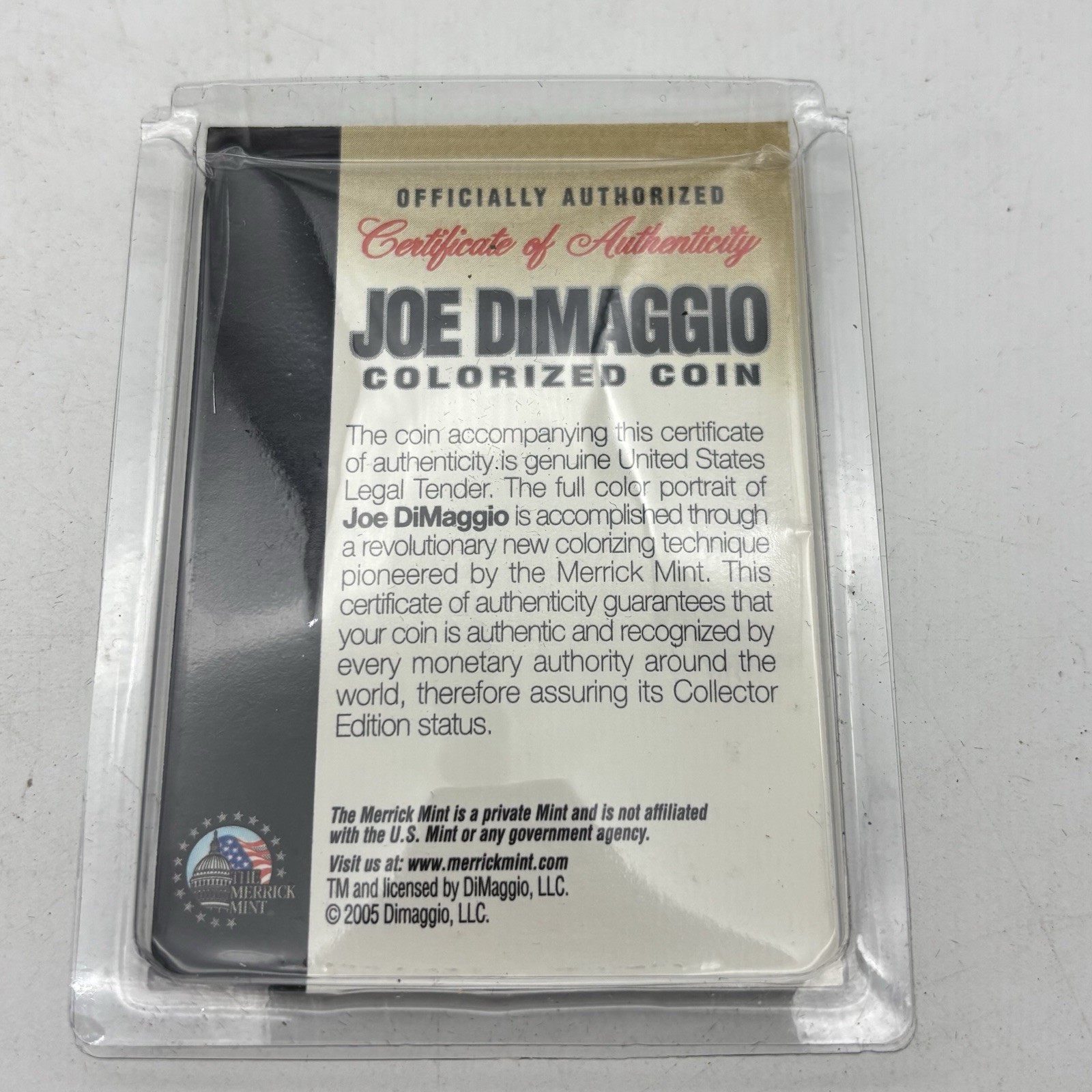 Merrick Mint Baseball Colorized Quarter Coin JOE DIMAGGIO NY Yankees Legend