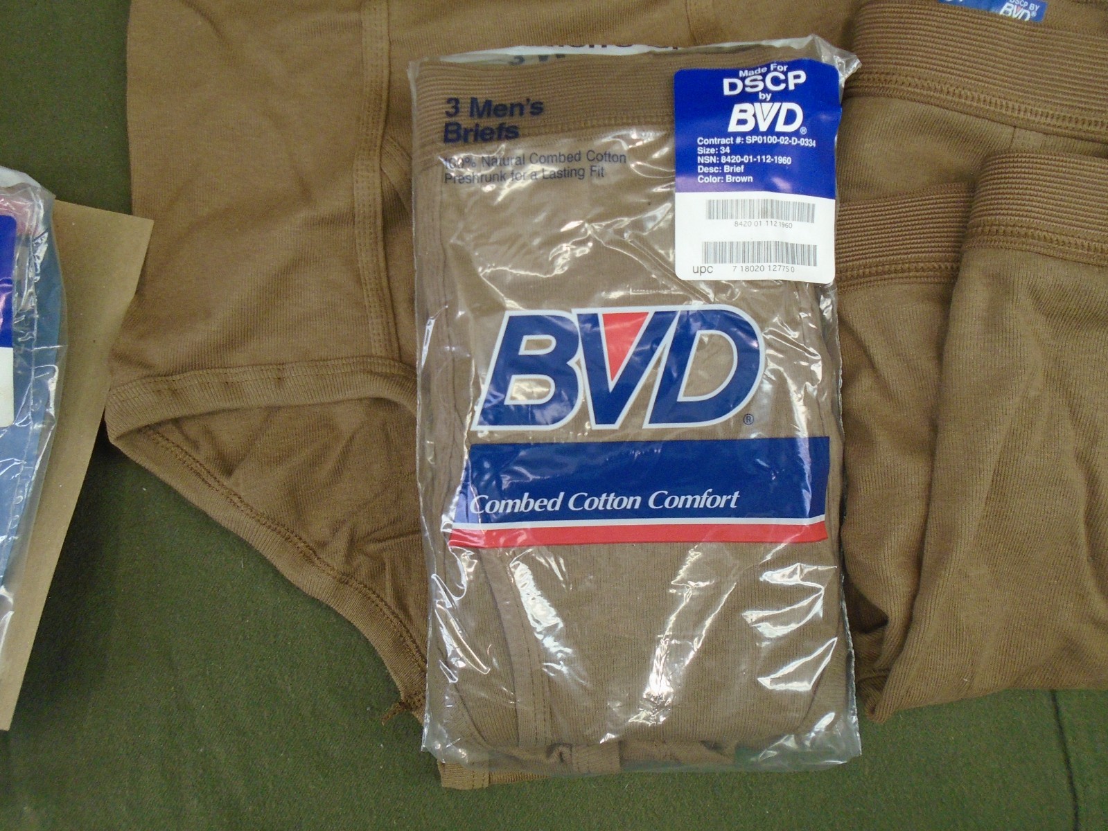 US Military 3 Pack BVD 100% Cotton Briefs Underwear Brown Size 34 Medium New 165