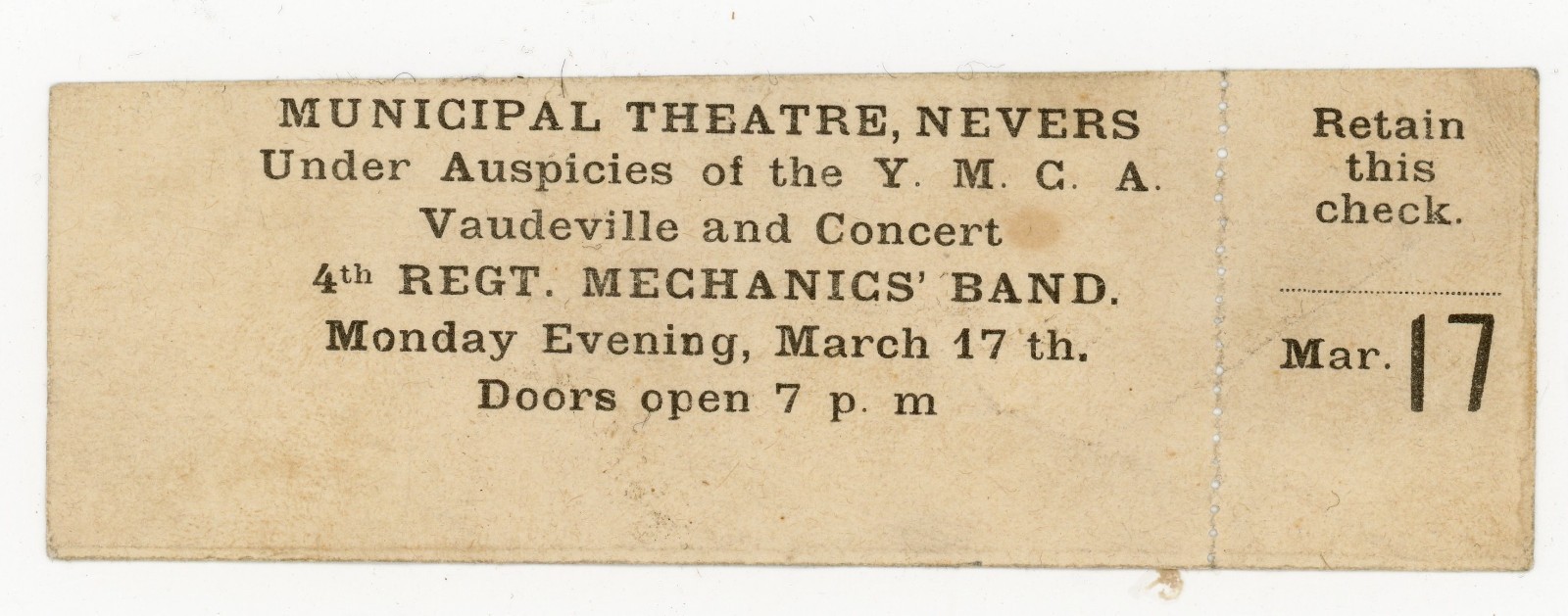 WWI YMCA Theatre Ticket 4th Regt Mechanics Band Nevers France AEF Mar 17 1919