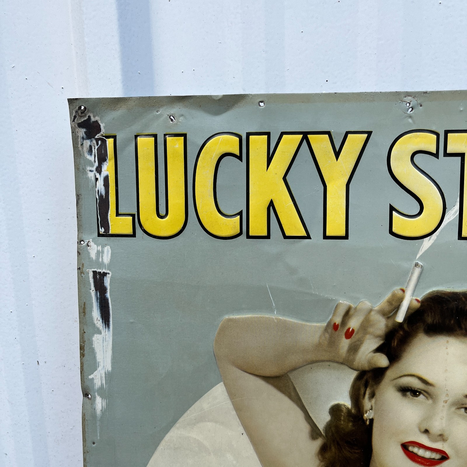 RARE 1940's Lucky Strike Cigarettes Pin Up Embossed Tin Tacker Metal Sign