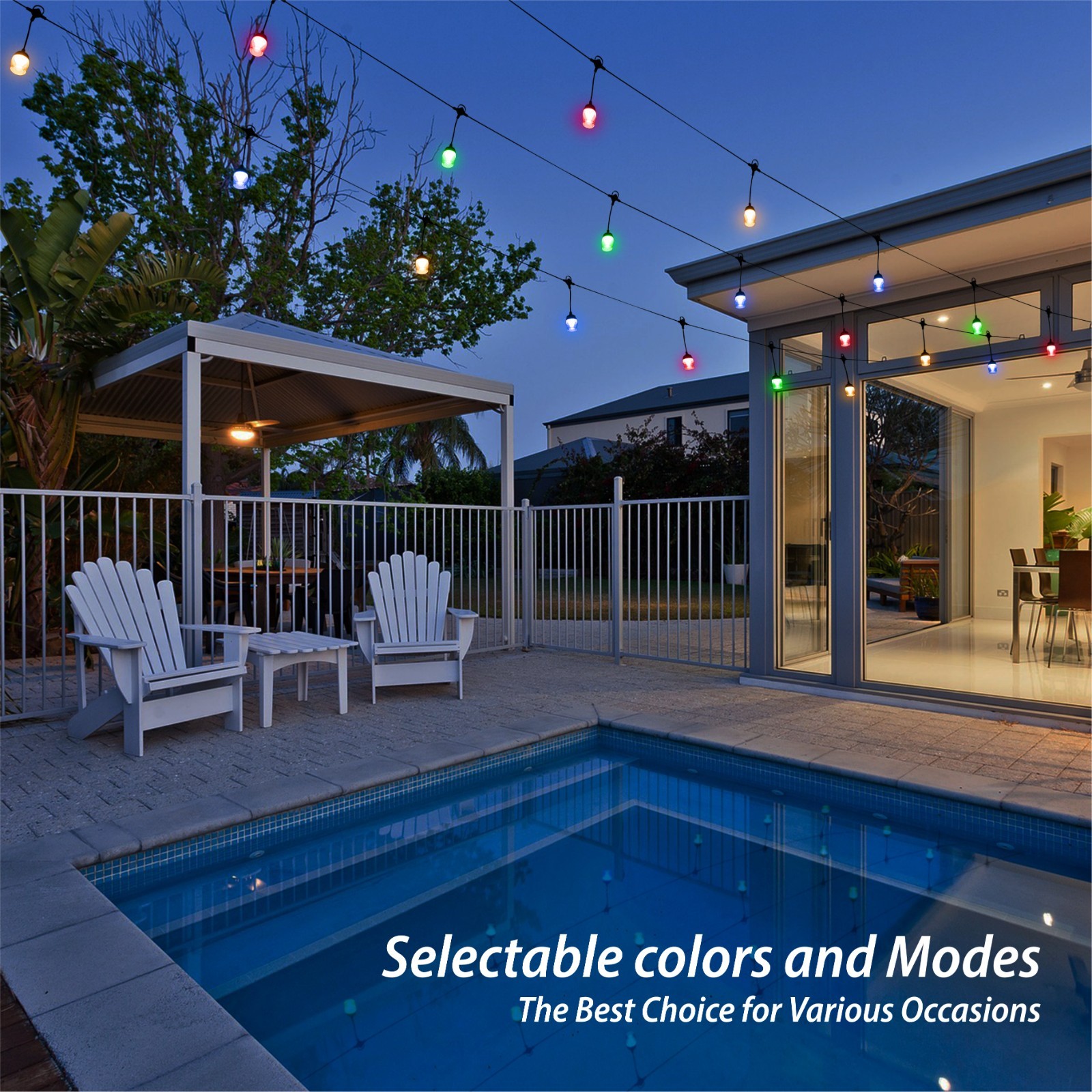 Outdoor String Lights 48FT Waterproof Patio Lights Remote APP Dimmable RGB Color