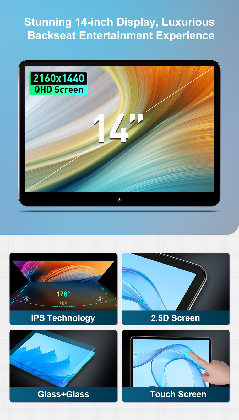 14" Android 64GB QHD Screen Car TV Backseat Headrest Monitor 4K WiFi +Headphones