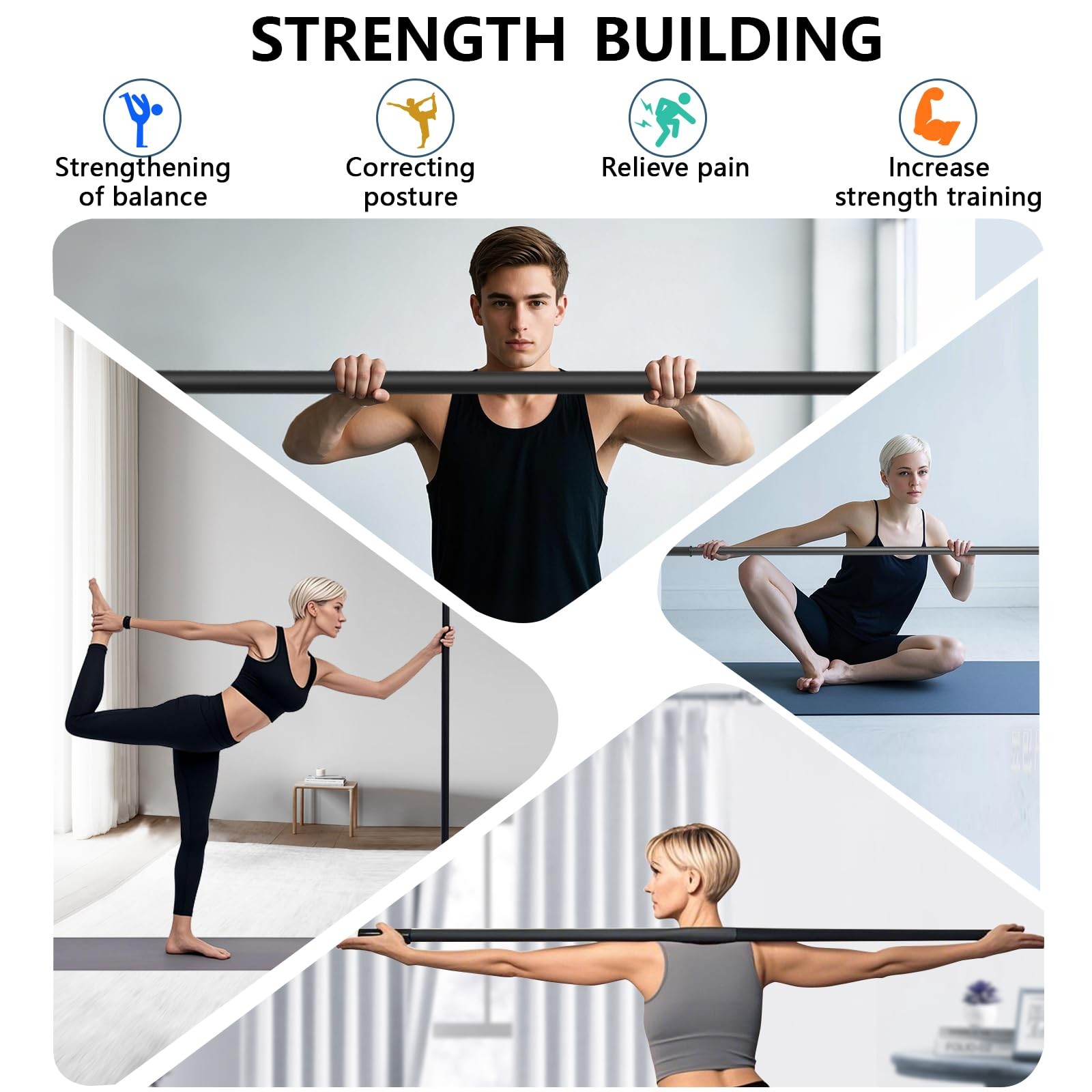 Yoga Stick, mobility stick，5-foot exercise stick, 3-in-1 stretching stick kit...