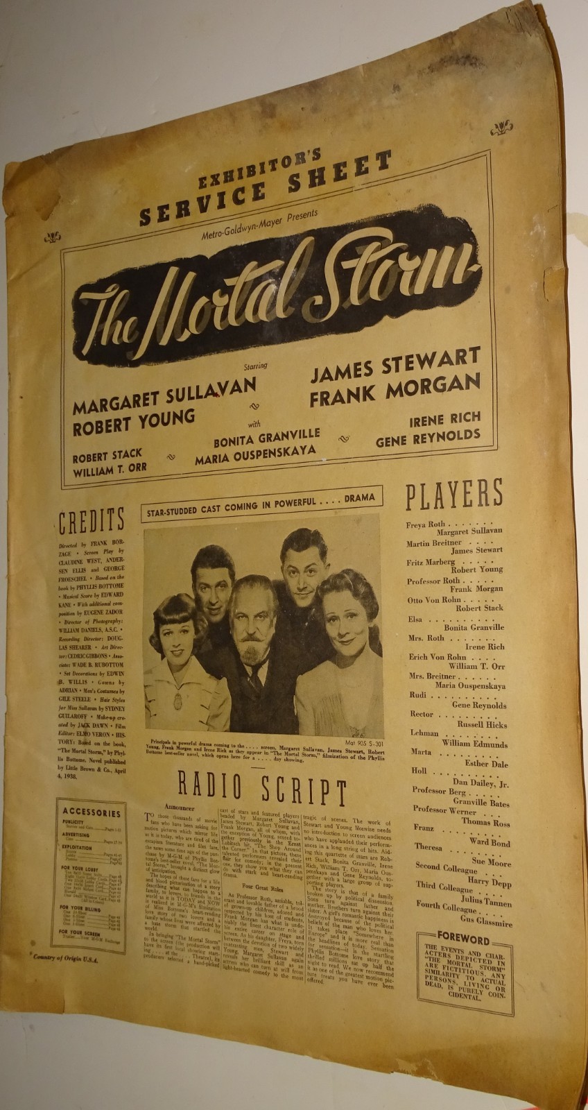 1940 THE MORTAL STORM Exhibitor Manual & Mini-Poster (Herald) James Stewart, etc