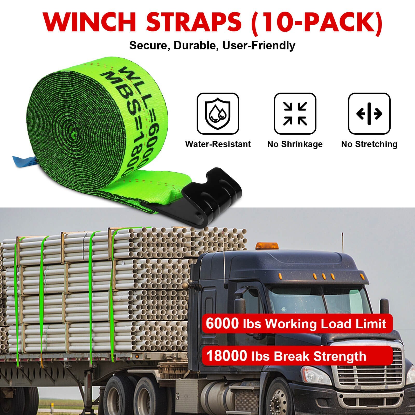 X-BULL 10 Pack 4" x 30' Winch Truck Straps w/Flat Hook for Towing 18000 lbs