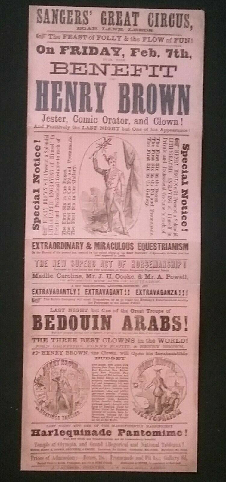 VICTORIAN POSTER , SANGERS GREAT CIRCUS, BOAR LANE , LEEDS , *Reproduction*