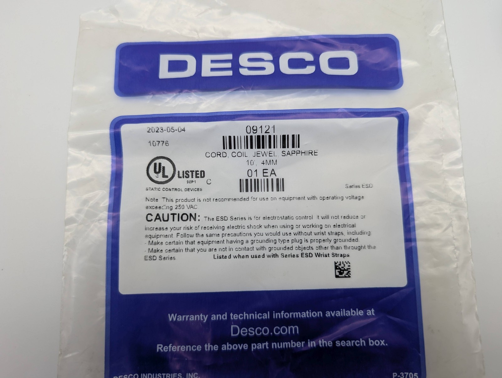 Desco 09121 Jewel ESD Wrist Strap Coiled 10ft Length Single Conductor 4mm Snap