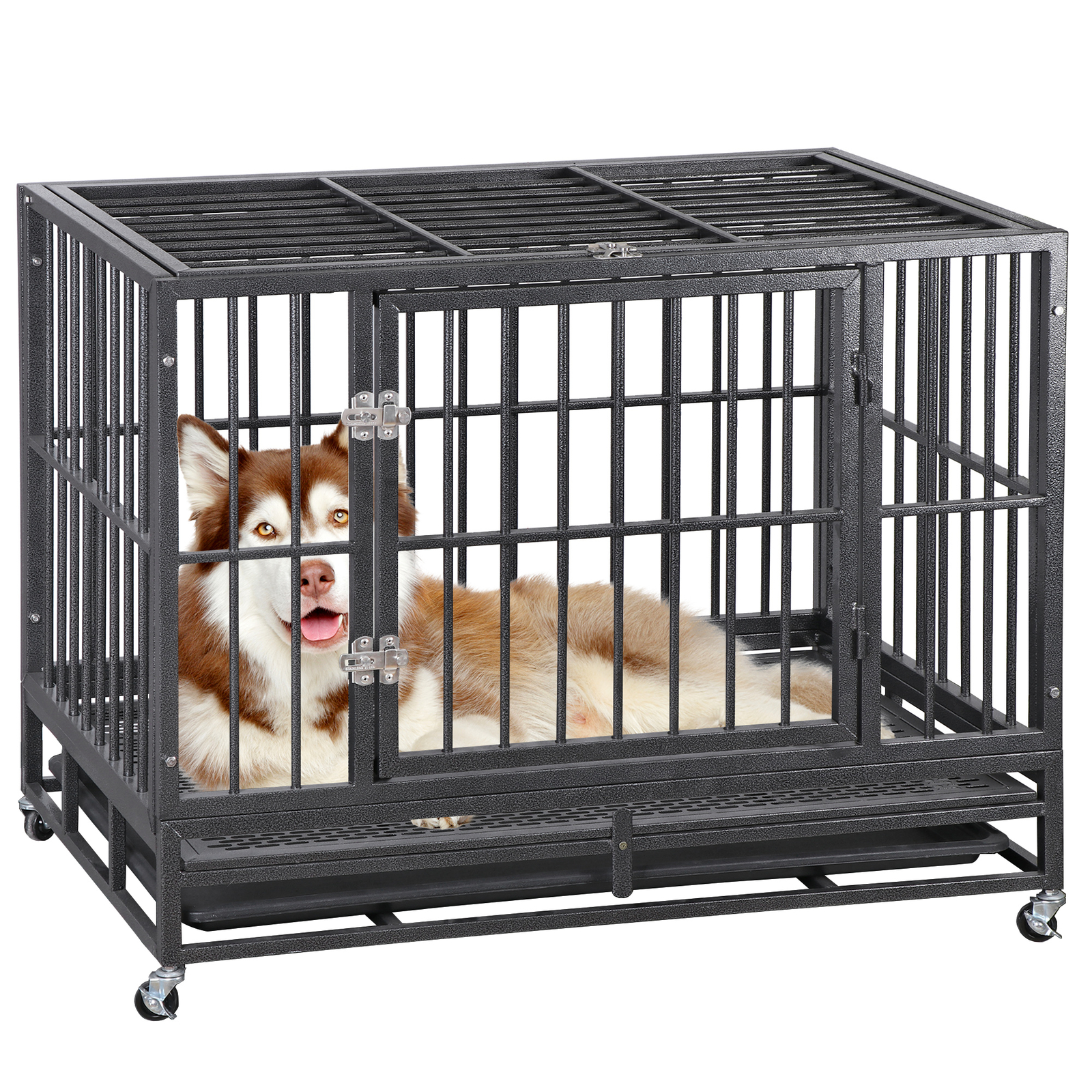 Heavy Duty Metal Dog Kennel Double Door Big Dog Cage w/ Removable Dog Crate Tray