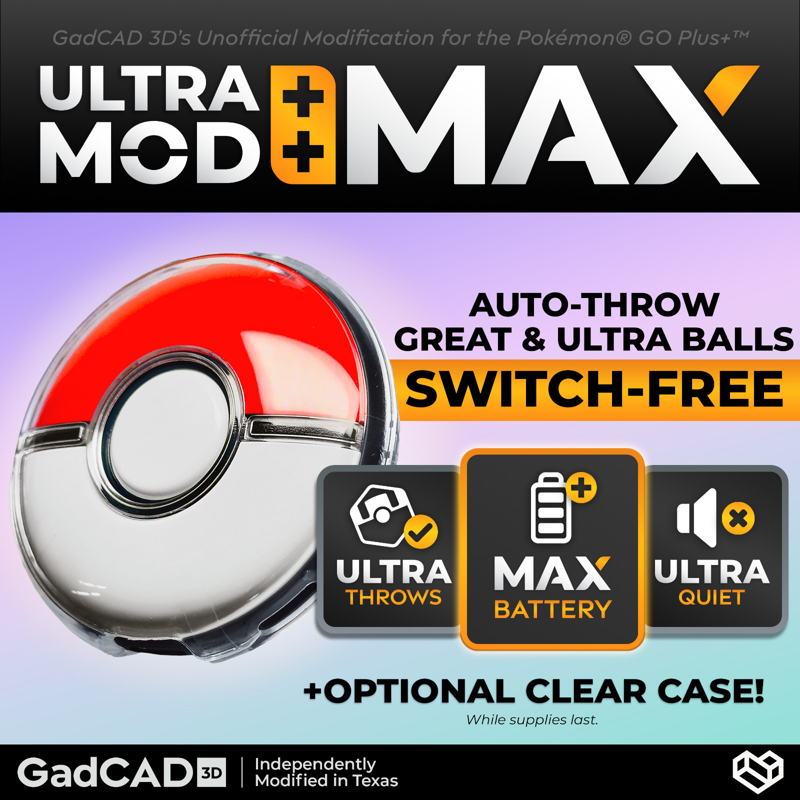 Ultra Mod: MAX - SWITCH-FREE Pokémon Go Plus + Auto-Catcher (Dim LEDs + Case)