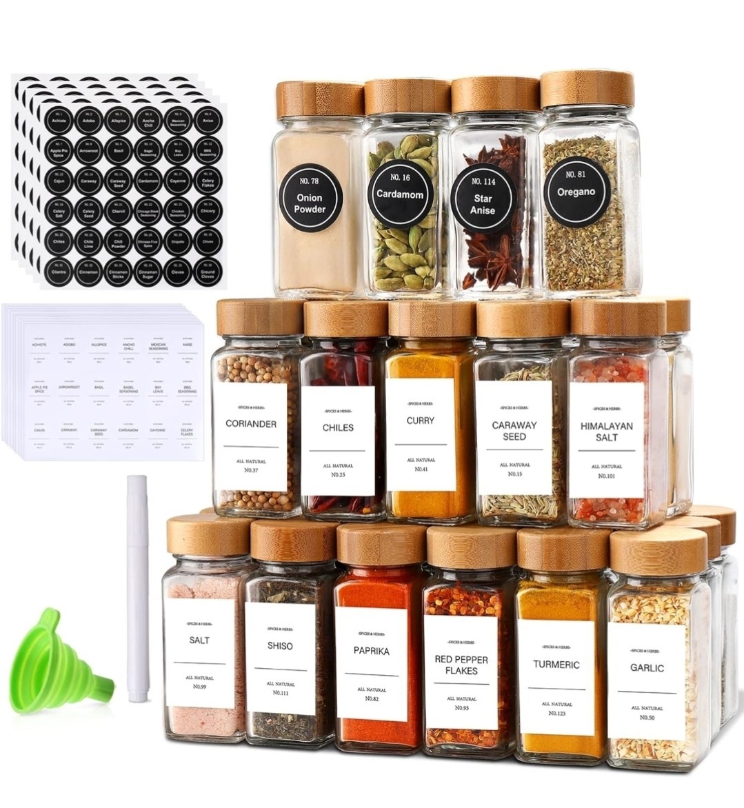 24 Pack] Spice Jars with Label,Seasoning Containers,Glass Spice Jars with Bamboo