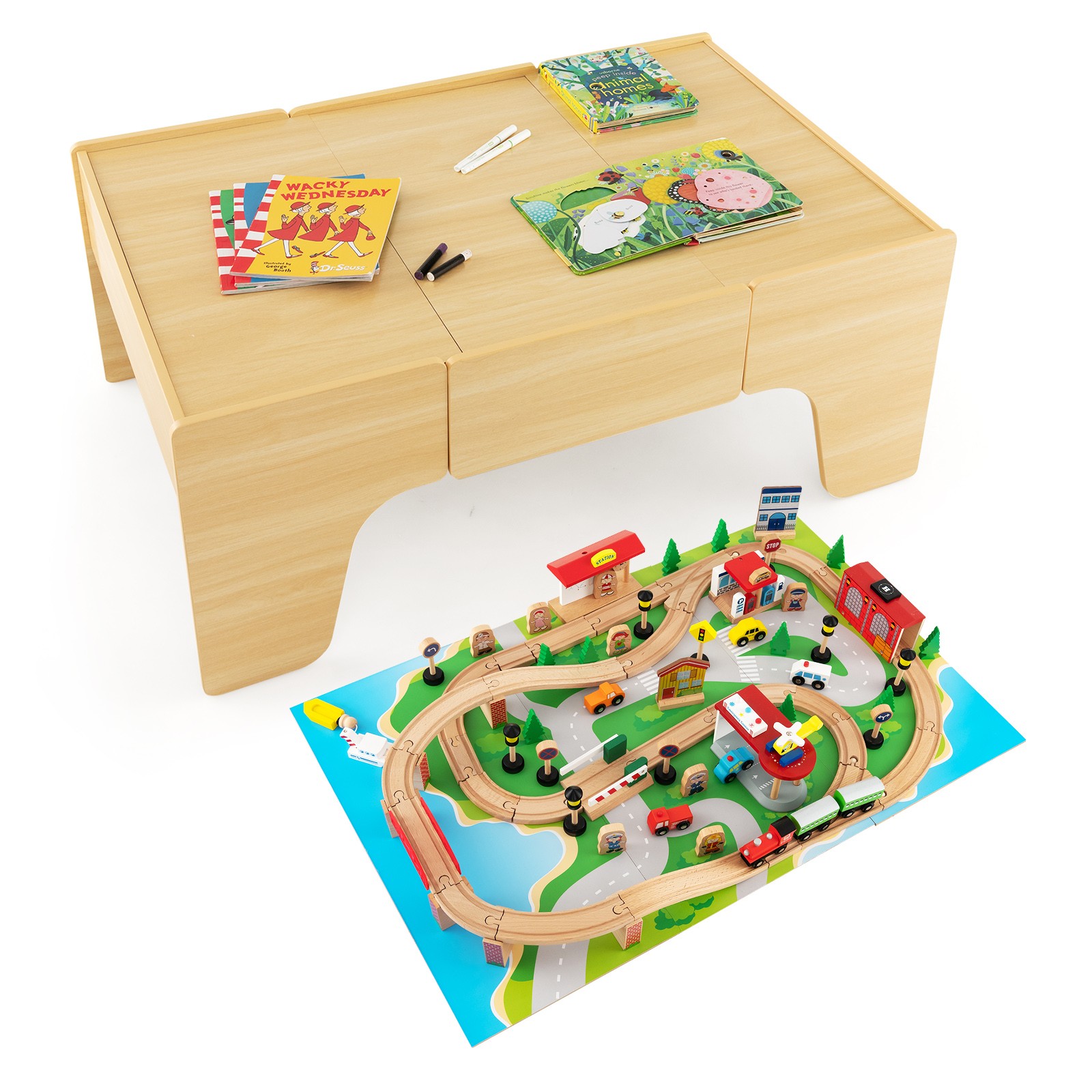 Kids Wooden Train Table Set 84 PCS Playset w/ Reversible Tabletop Storage Drawer