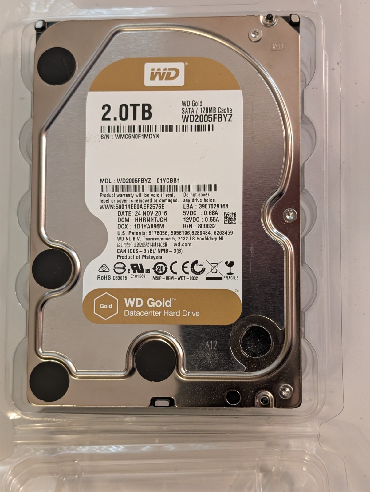 (2 TB Gold) TeraByte Hard Disk Drive Western Digital (preowned used)