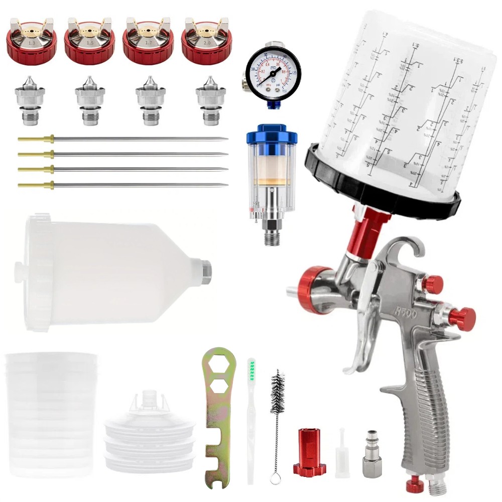 R500 LVLP Air Spray Gun w/ 1.3/1.5/1.7/2.0mm Nozzles for Car Primer Painting