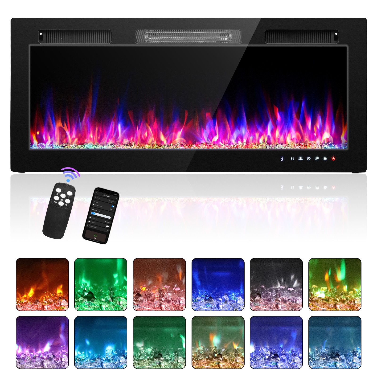 42" Electric Fireplace Insert Wall-Mount Heater 1500W Remote Control & WIFI