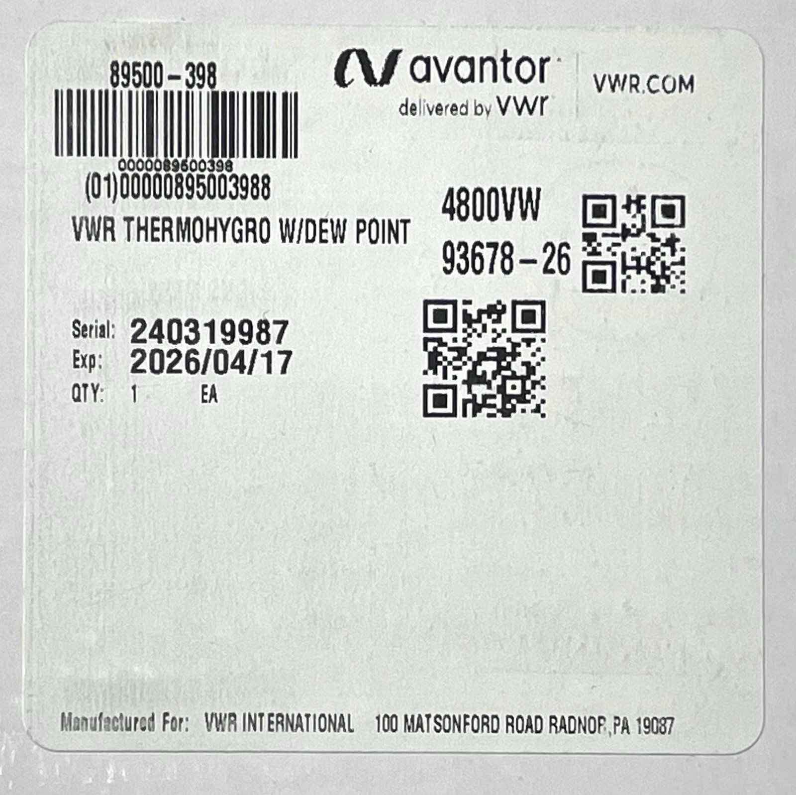 VWR 89500-398 Digital Humidity Temperature Dew Point Meter