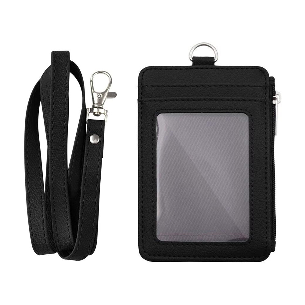 Leather ID Card Holder Vertical badge Wallet Multiple Slots Neck Strap Lanyard