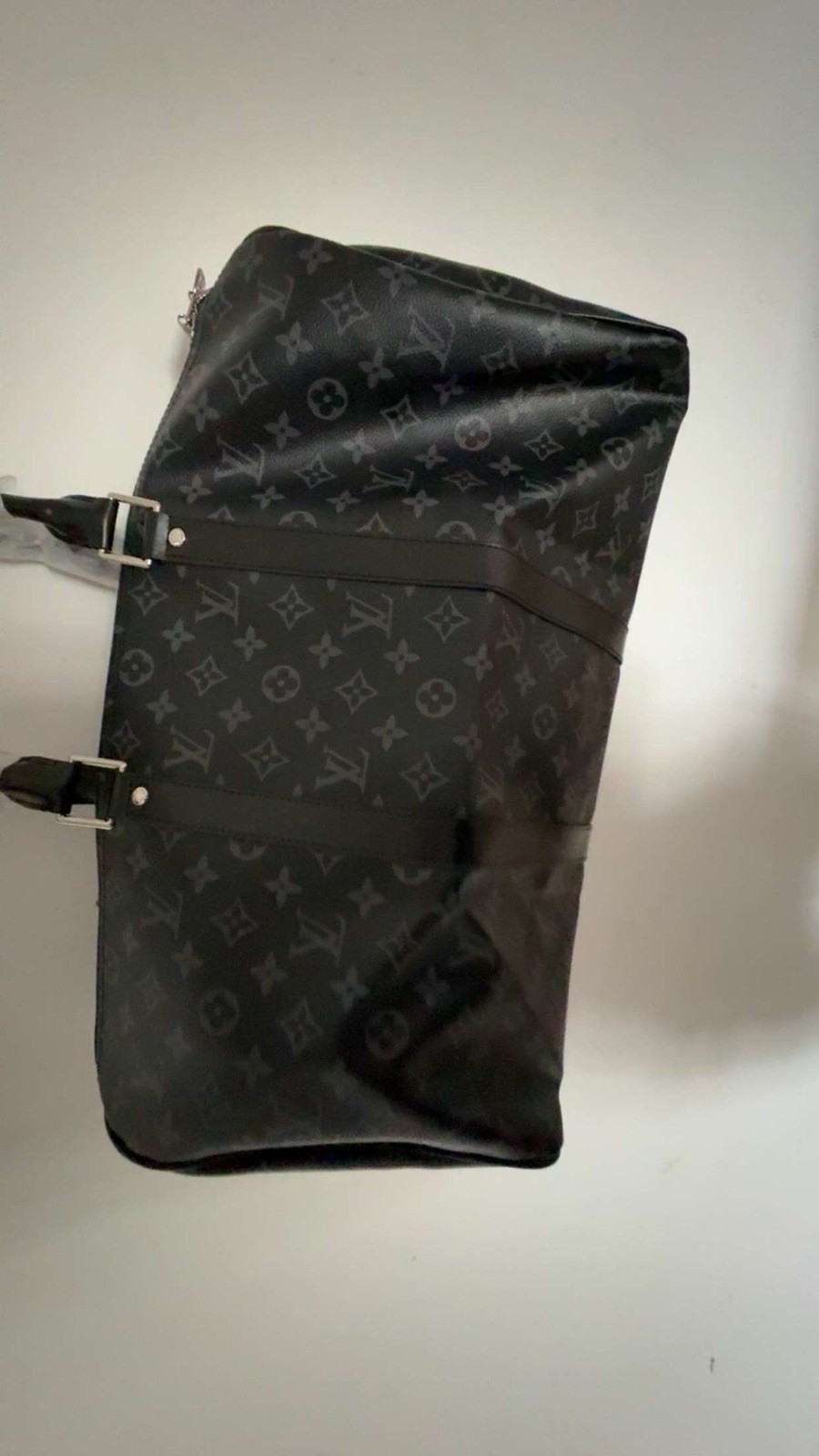 Louis Vuitton Monogram Eclipse Leather Duffle Bag Black Gray Adjustable Straps