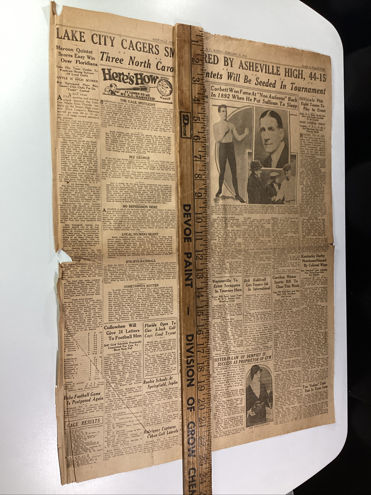 Ashville NC Newspaper Feb 19, 1933 Boxer Jim Corbett Dempsey Lou Gehrig Haverty
