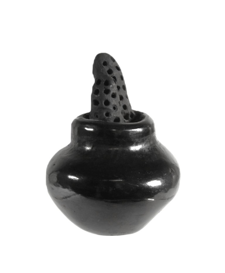 Santa Clara Pueblo Small Pot with Corn Black Pottery By Dorothy and Paul