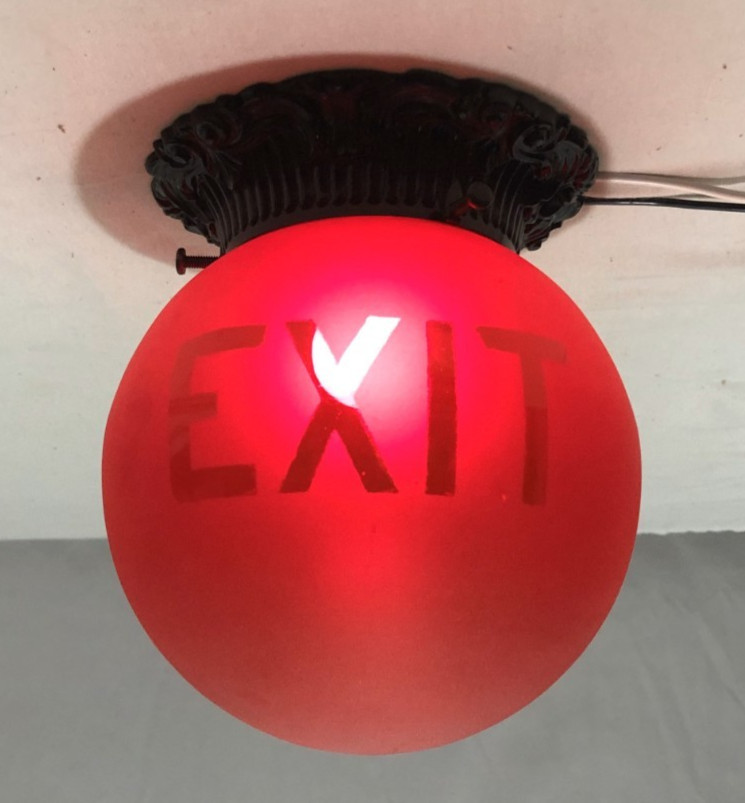 Antique Exit Glass Globe Vtg Ceiling Light Fixture Flush Frosted Art USA #L31