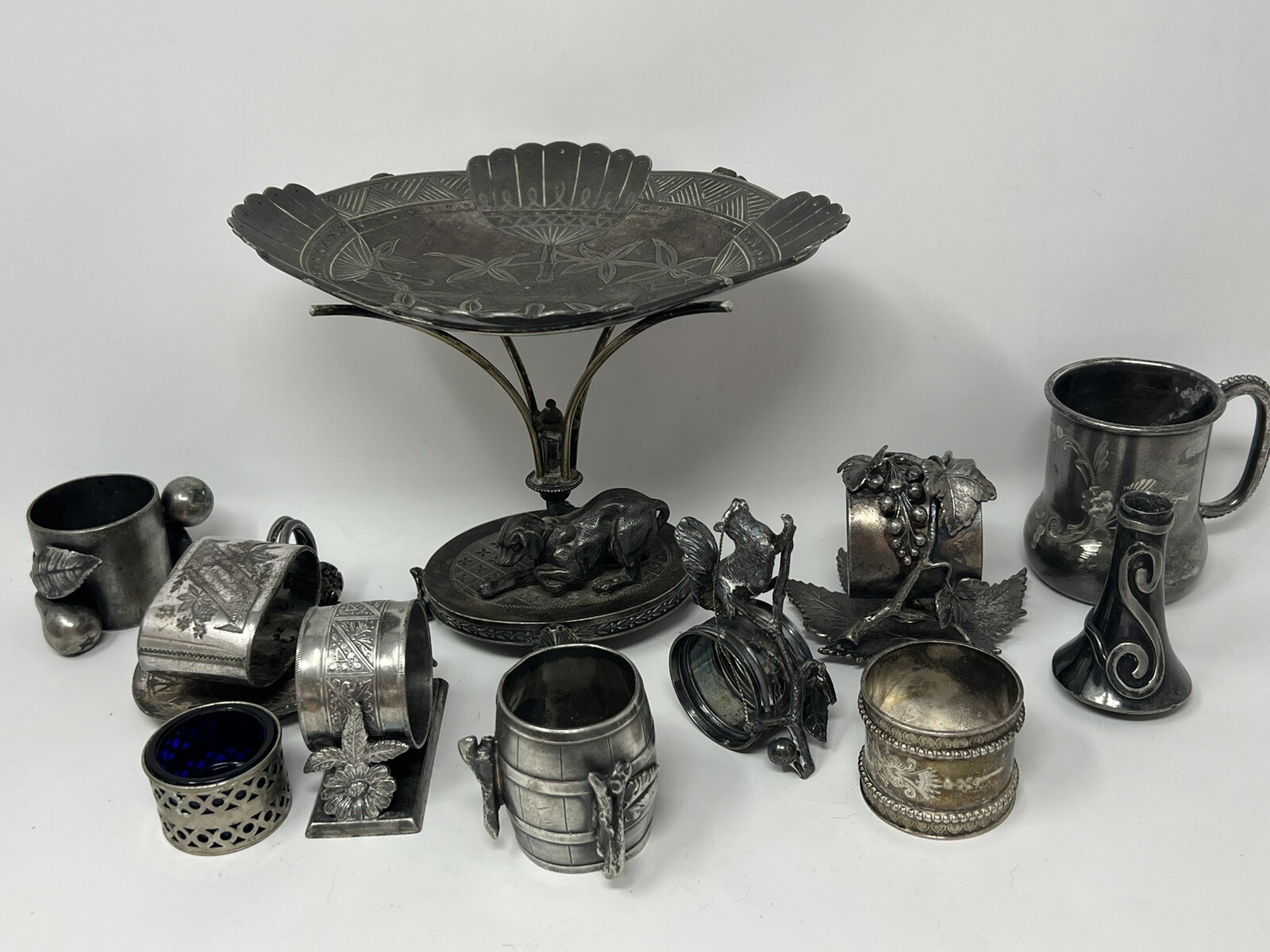 Antique Dog Figural Calling Card ? Silver Plate Tray Stand Simpson Hall Miller