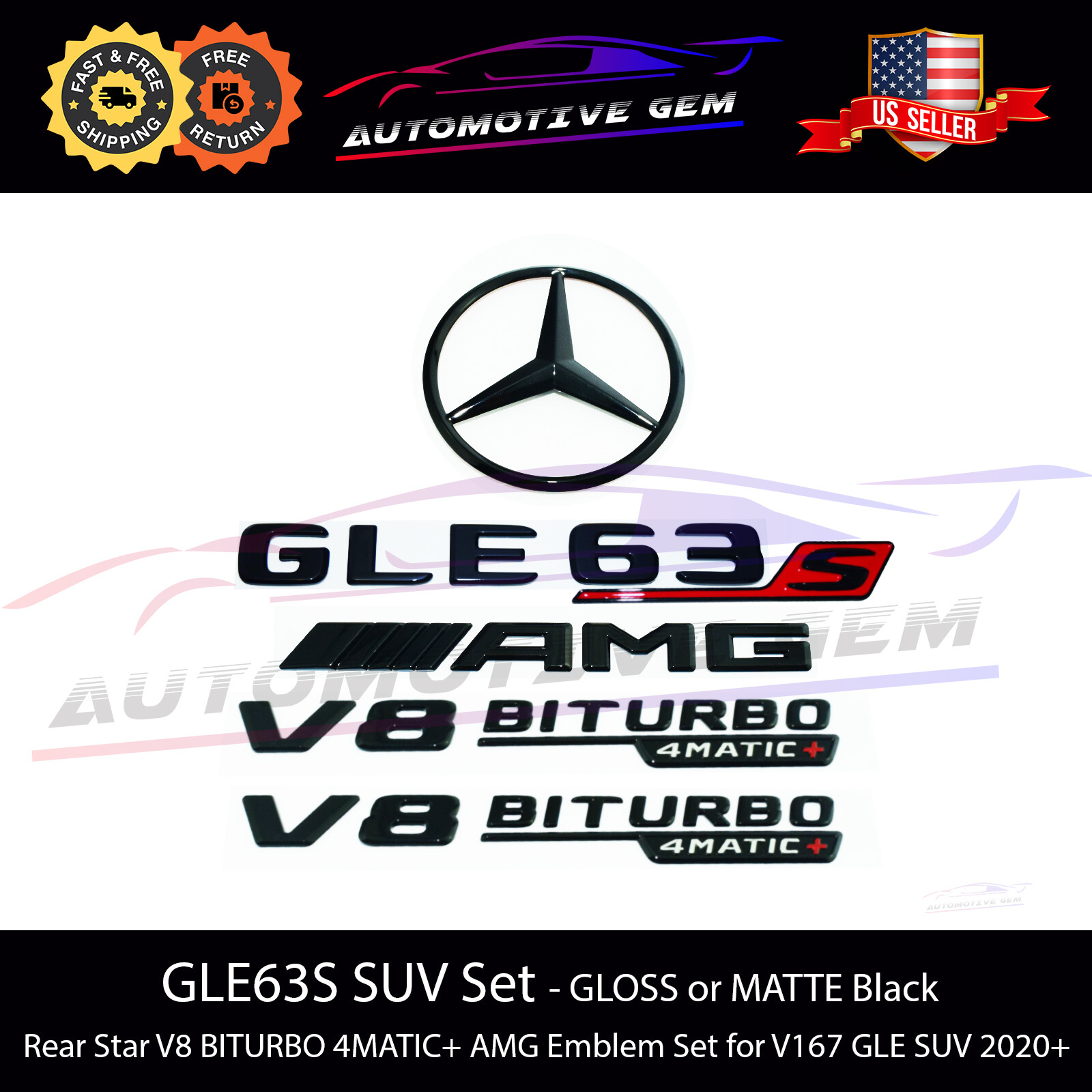 GLE63S SUV AMG V8 BITURBO 4MATIC+ Rear Star Emblem Black Combo Set Mercedes V167
