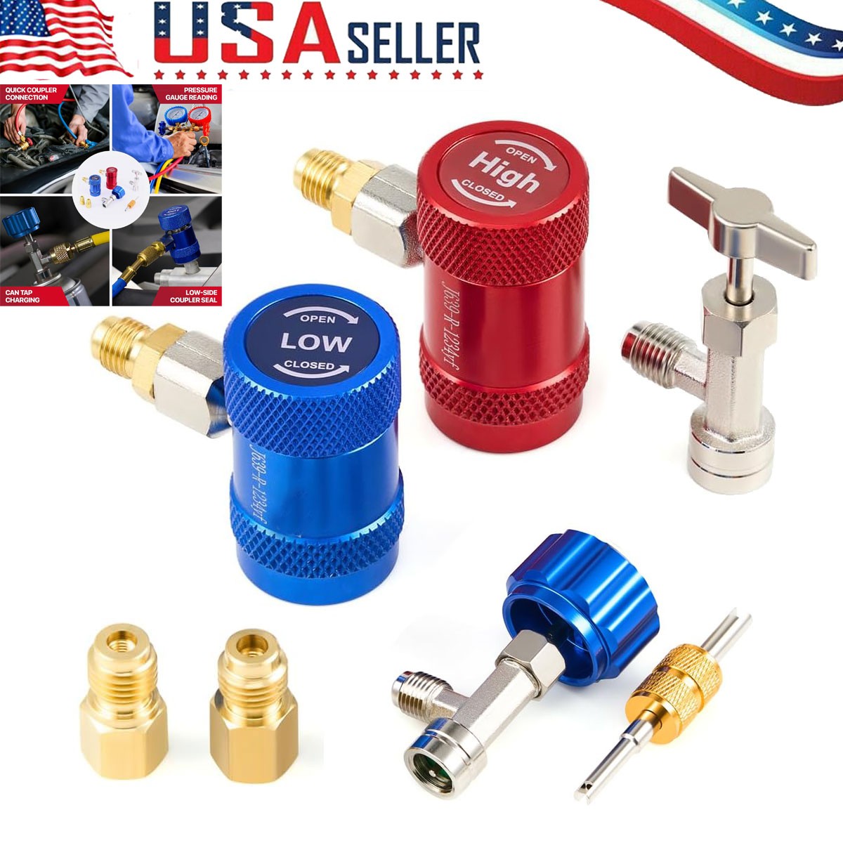 Car A/C R1234YF Quick Coupler Adapter Set with Self-Sealing & Puncture Can Tap