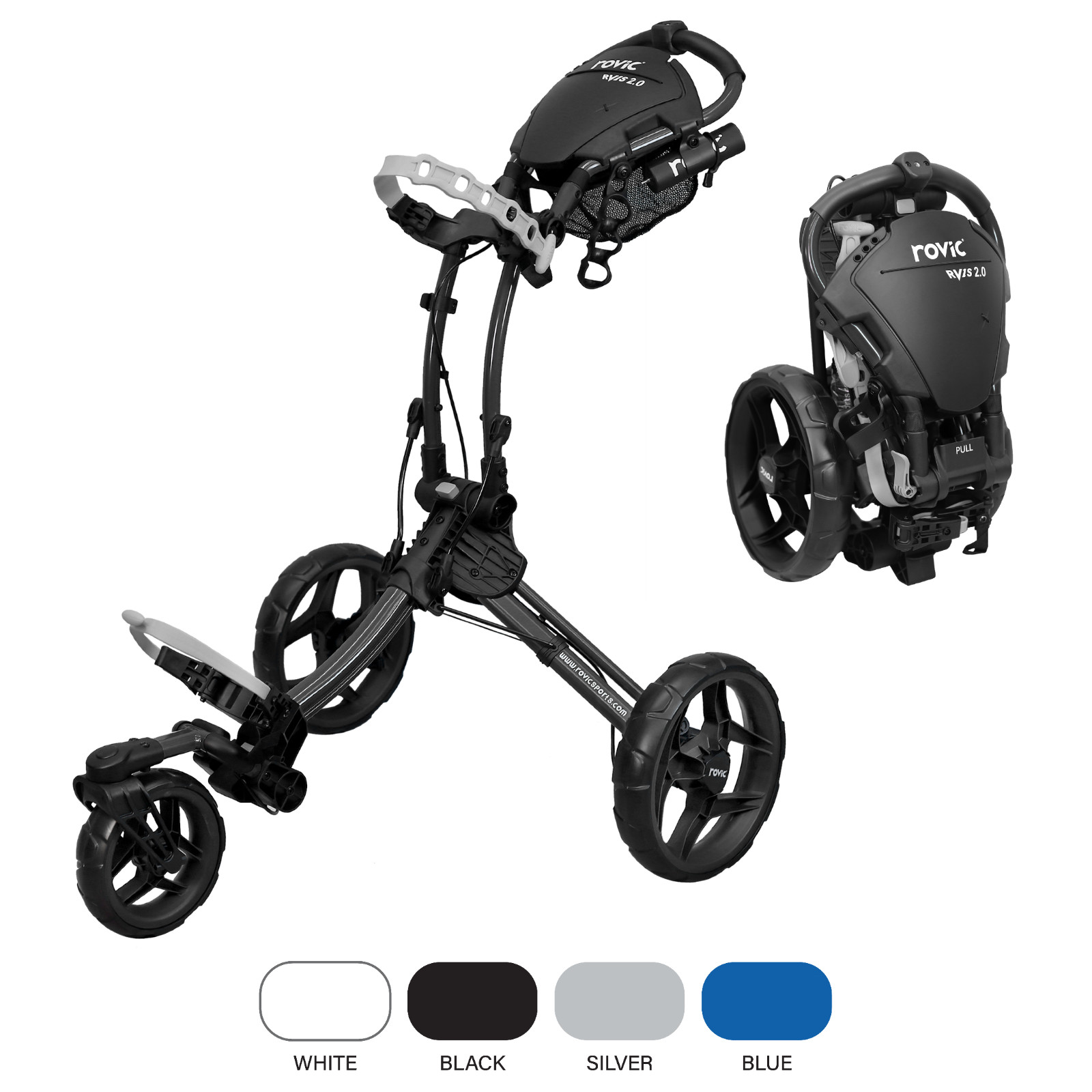 Rovic RV1S 2.0 Swivel Golf Push Cart  | 3-Wheel Folding Collapsible 360 Trolley