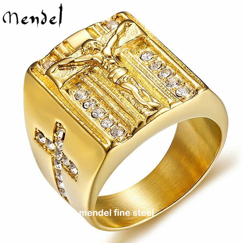 MENDEL Mens Stainless Steel Gold Plated CZ Jesus Cross Crucifix Ring Size 7 8-16