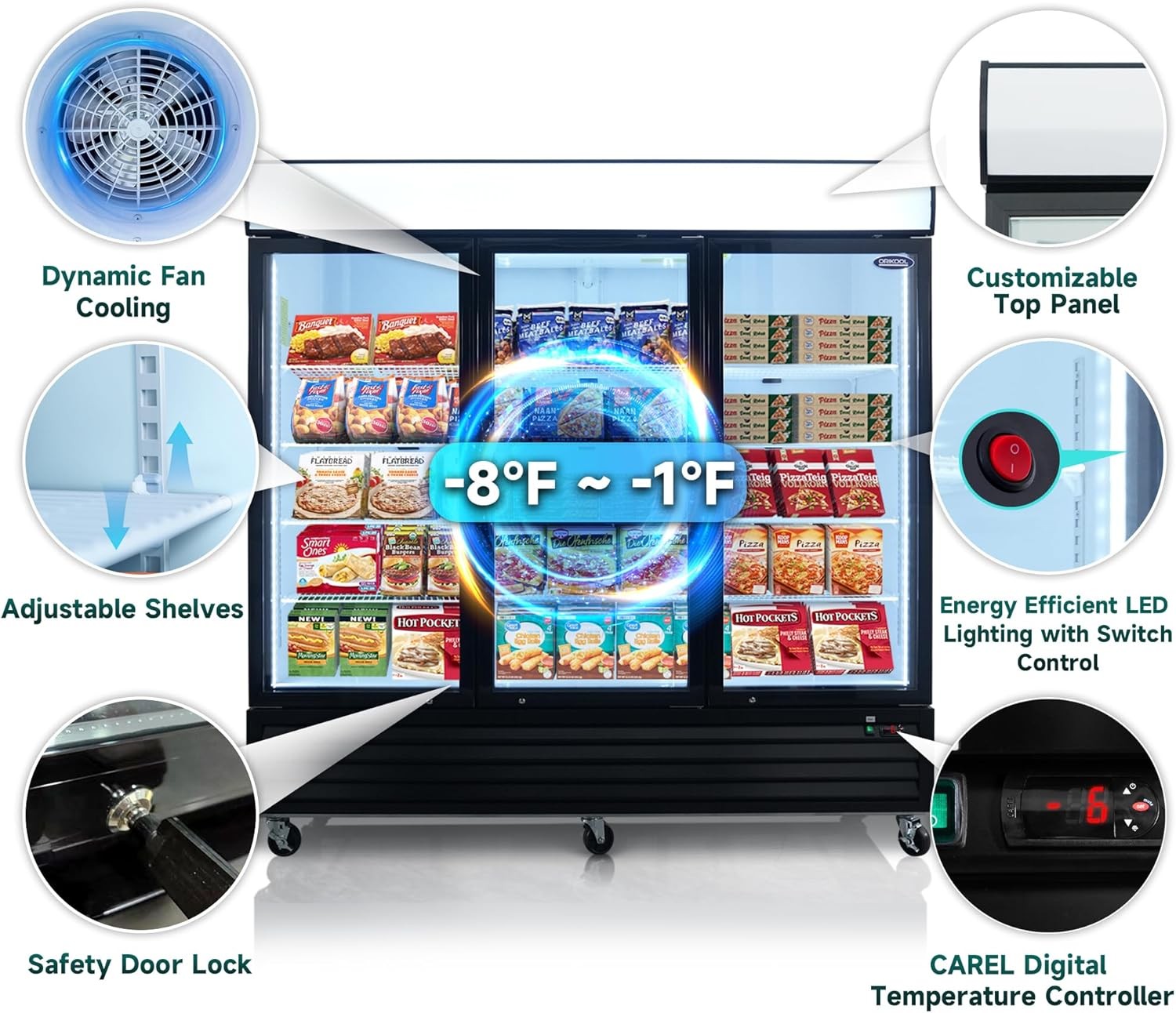 70 cu.ft Commercial Freezer Glass 3 Door Merchandiser Reach-In Display Freezer