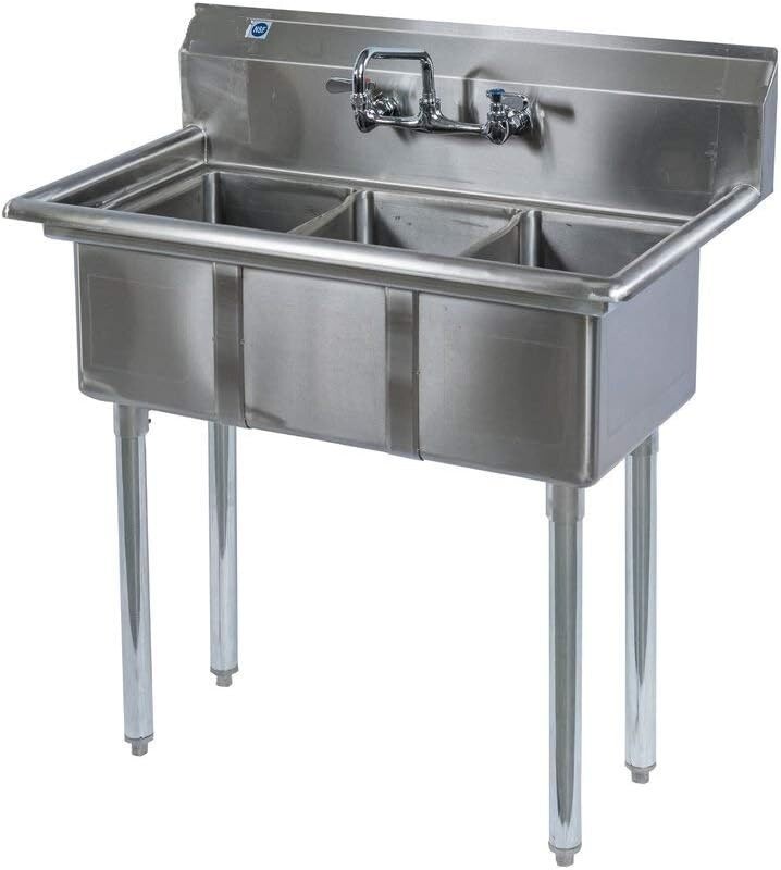 Commercial Stainless Steel Kitchen Three 3 Compartment Bay Sink with 10" Faucet