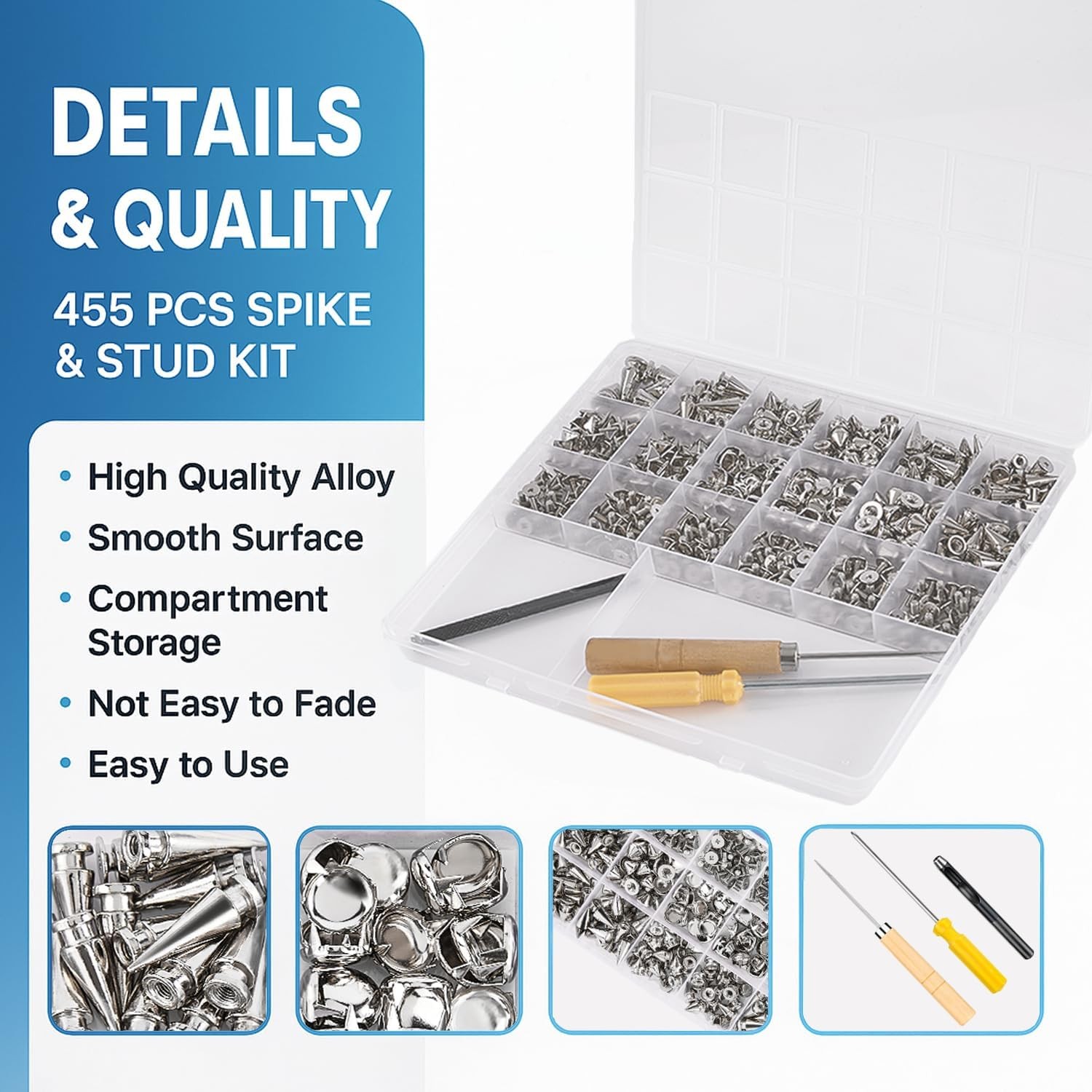 455PCS Punk Spikes and Studs Kit for Clothing, 12 Sizes Premium Metal Cone Spike