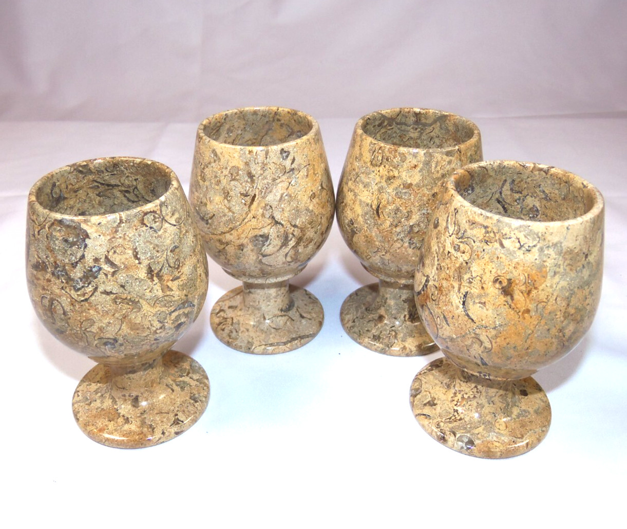 Set of 4 Exquisite 5" Kuwaiti Stone Goblets - Unique Hand-Carved Drinkware