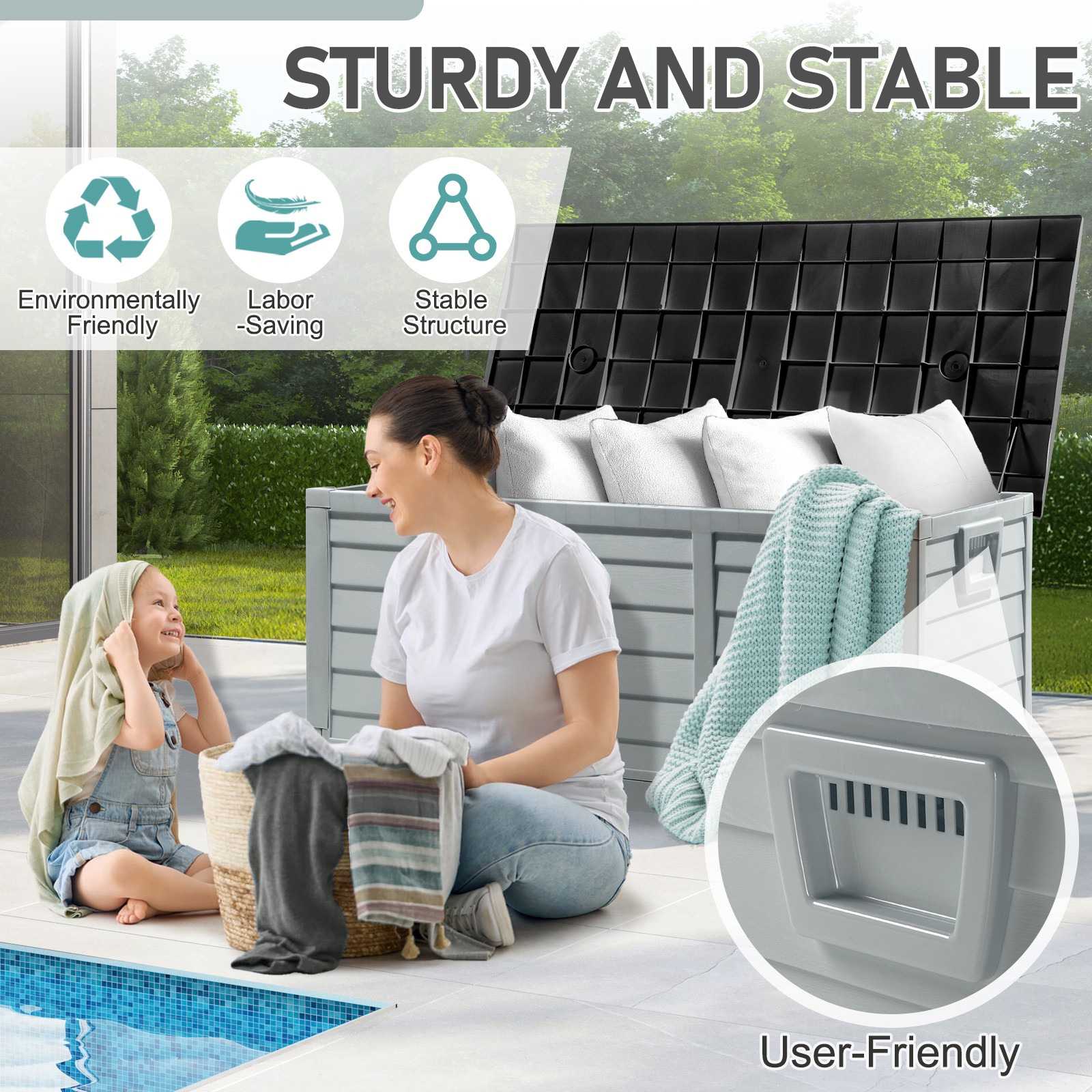 75 GAL Foldable Storage Deck Box Fast Installation with Wheels for In/Outdoor