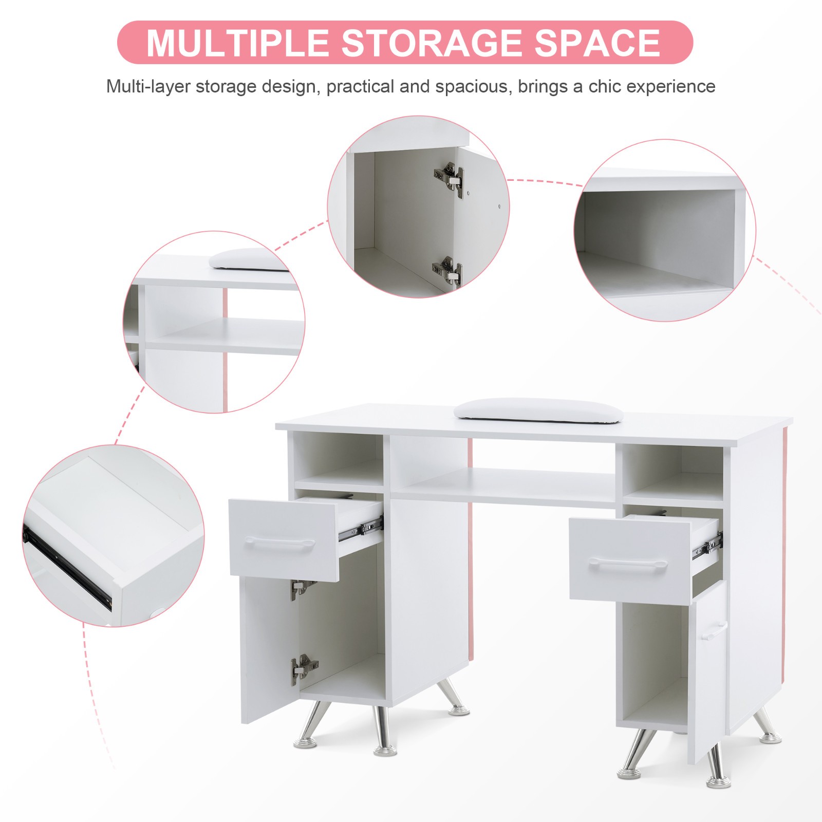 Acetone Resistant Manicure Table Nail Desk with Drawers, New