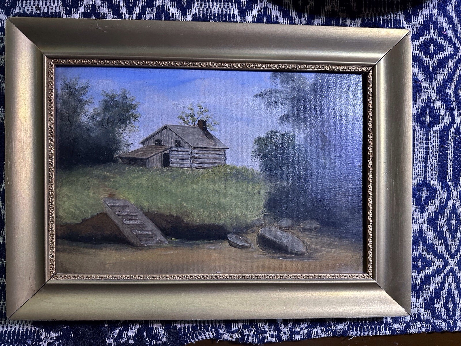 Antique American Folk Art Landscape Painting On Board Cabin In Woods