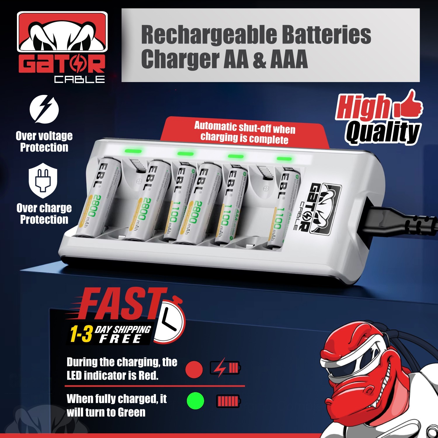 Rechargeable Battery Charger AA AAA Ni-MH Ni-CD Automatic Charged Red LED Light