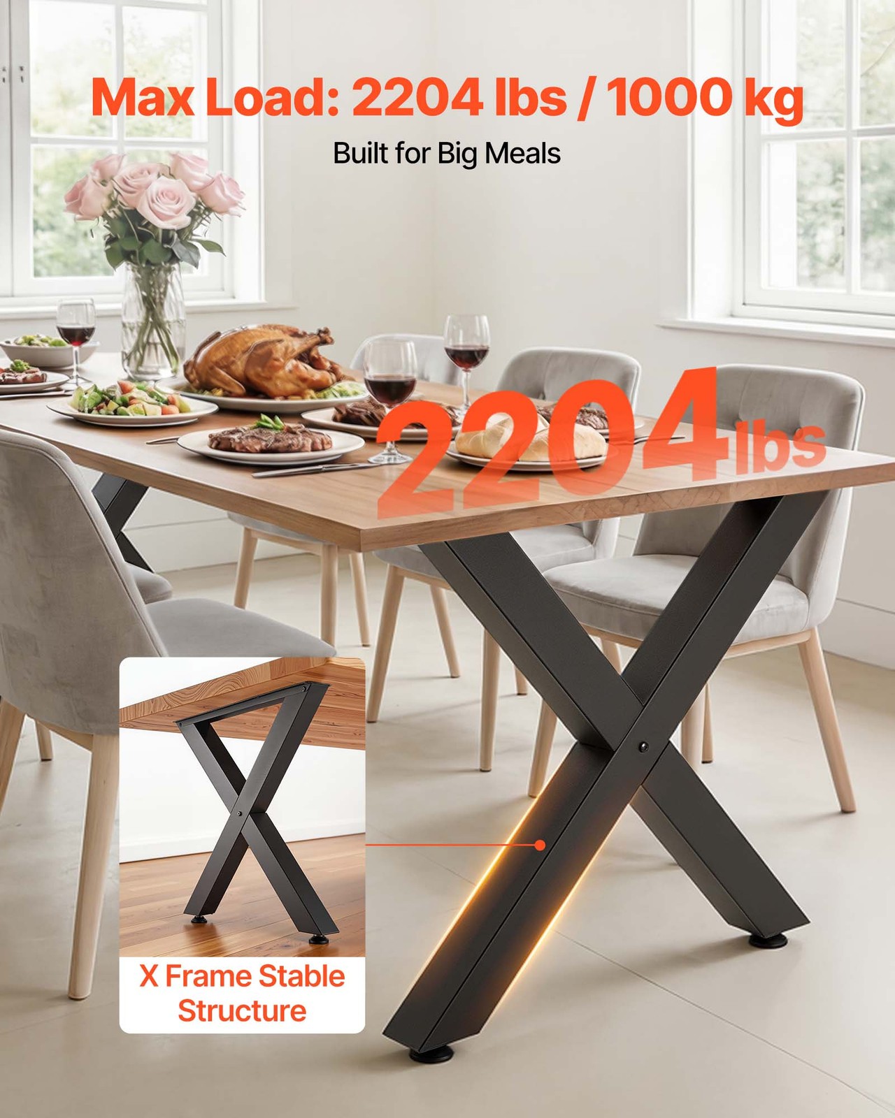 VEVOR Steel Table Legs 29.5 x 31.1 in X Frame 2204 lbs Heavy Duty Set of 2 Black