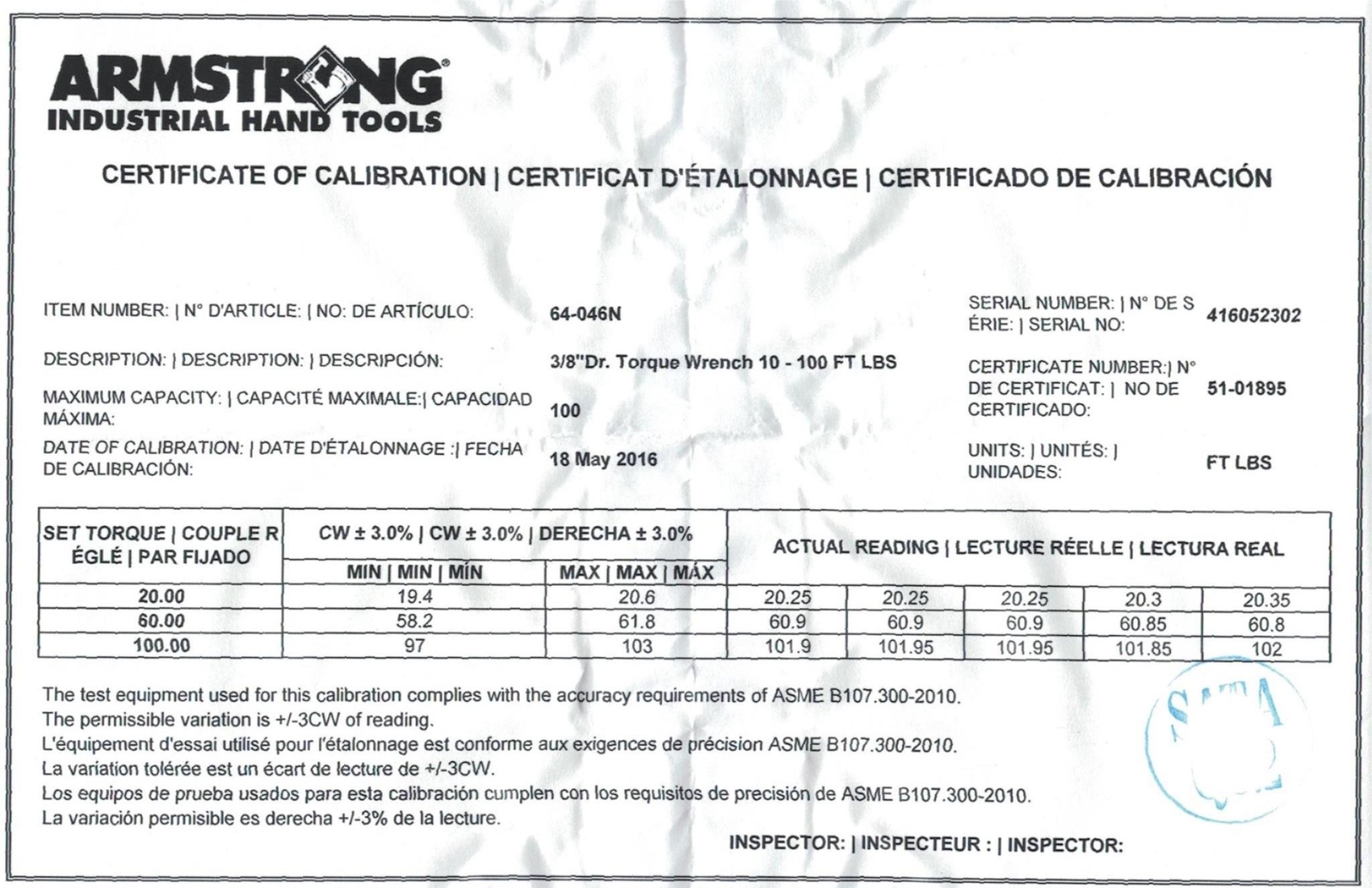 Armstrong Tools 64-046N 3/8" Drive Micrometer Torque Wrench 10 ft/lb - 100 ft/lb