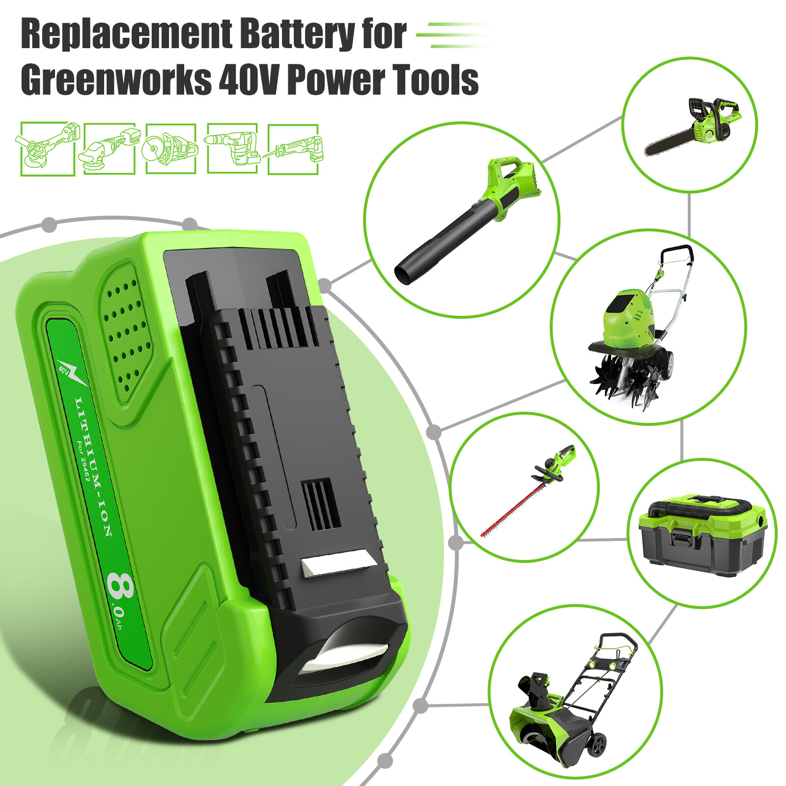 40V 8.0Ah Lithium Battery For Greenworks G-MAX 40 Volt 29472 29462 29252 20202