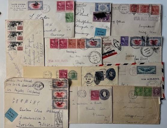 USA / 53 COVERS BY AIR MAIL FROM USA TO EUROPE BETWEEN 1910 & 1940 FOR STUDIES
