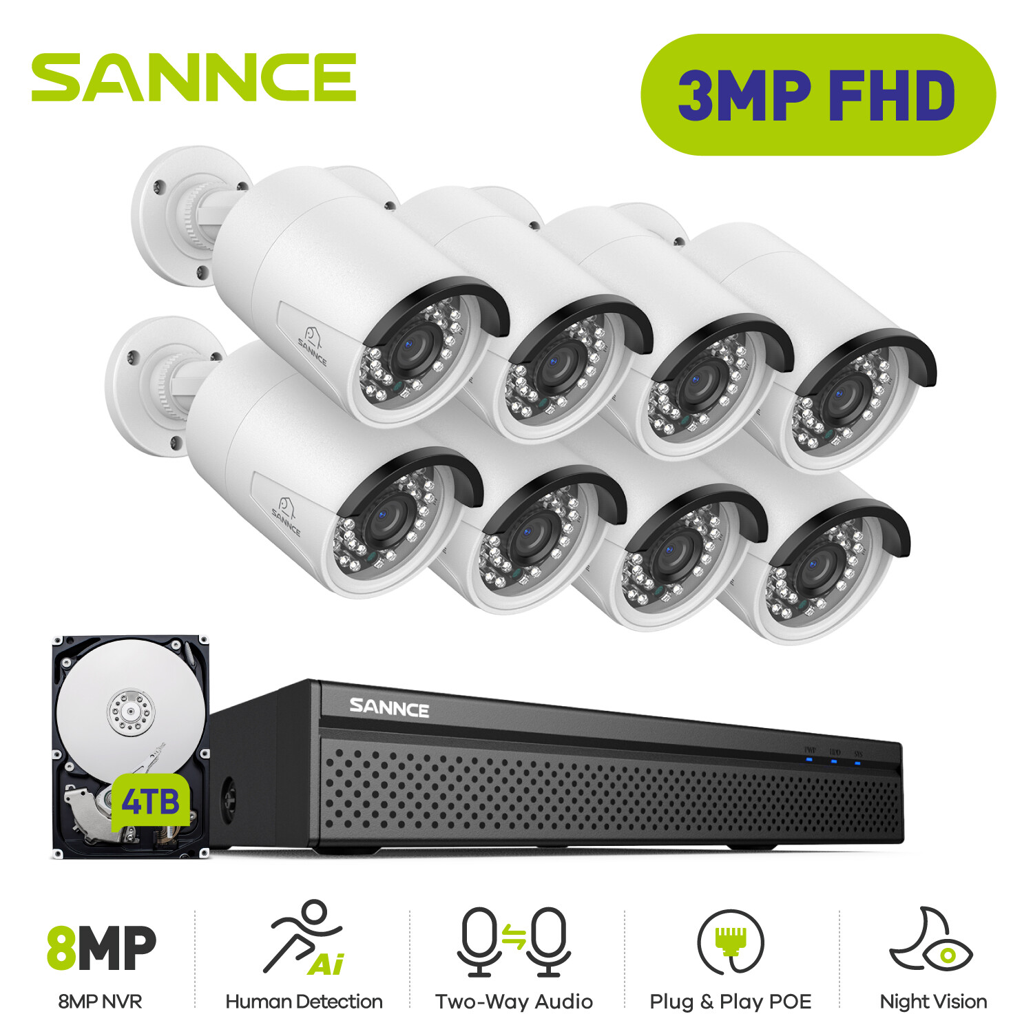 SANNCE 8CH 4K NVR 3MP POE Security Camera System Two Way Audio Human Detection